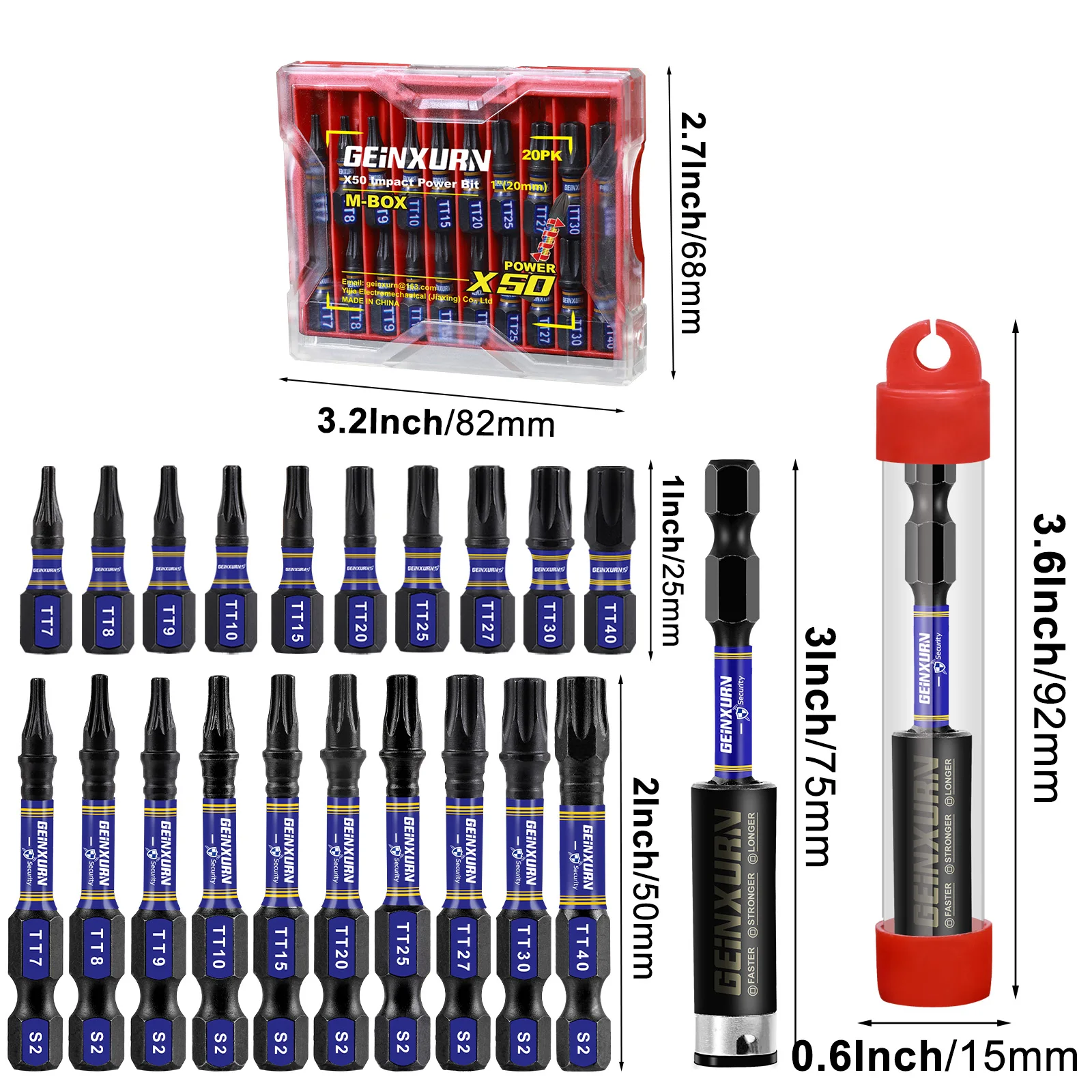 Geinxurn Impact Security Torx(TT7-TT40) Magnetic Screwdriver Bit Set, Multi-Hollow Torx Head Insert Bits with Storage M-Box