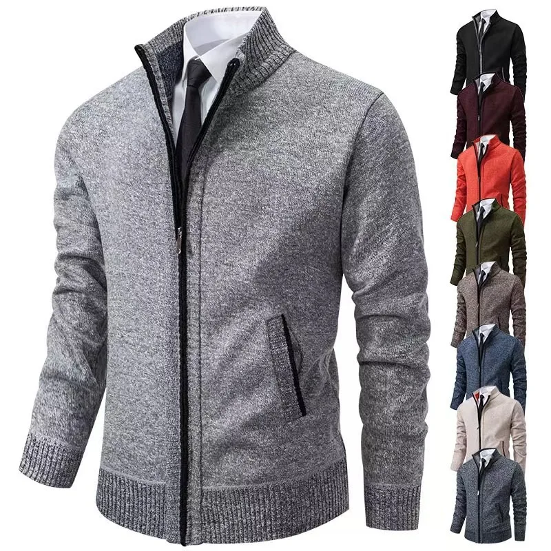 

Мужской осенний новый вязаный кардиган в корейском стиле, однотонный универсальный свитер на флисовой подкладке, пальто
