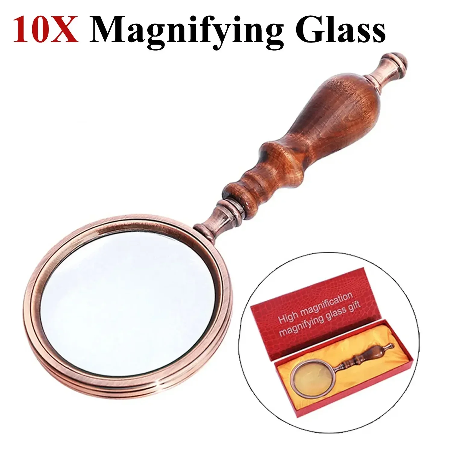 Magnifying Glass 10X Antique Copper Handheld with Wooden Handle  Reading Magnifier for Elderly Macular Degeneration Seniors Gift