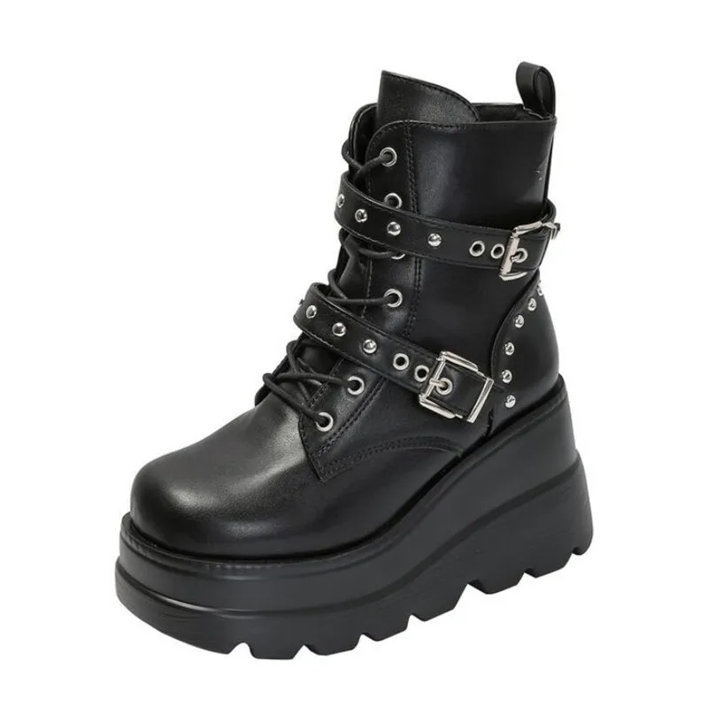 Women Leather Ankle Booties Woman 2026 New Autumn Winter Round Toe Lace Up Shoes Woman Motorcycle Platform Gothic Boots Cosplay view 5