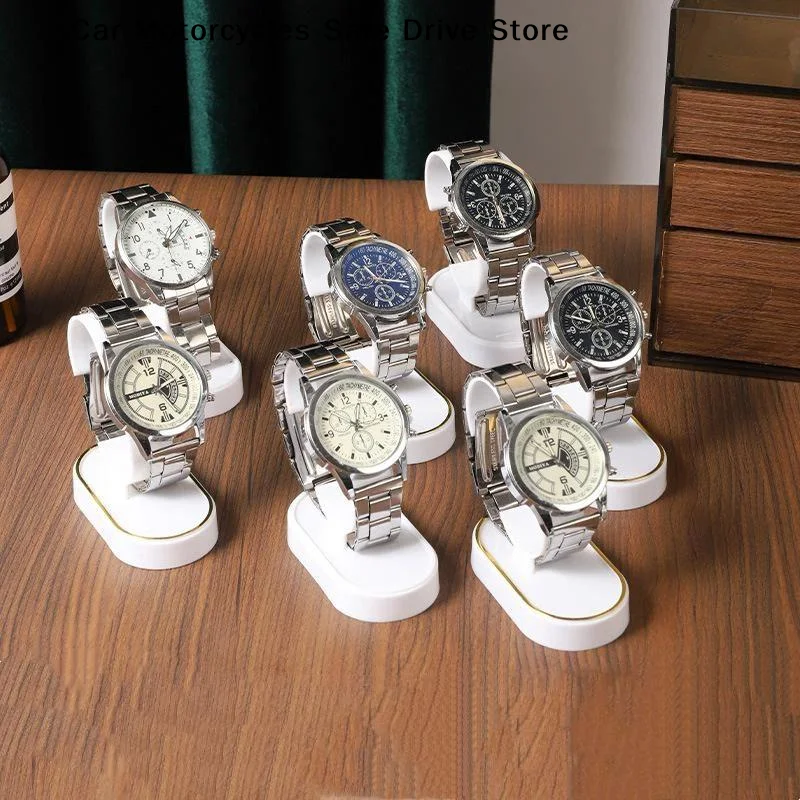 【M】White Plastic Watch Display Stand Gold Trim Single Tier Wrist Watch Holder Stable Watch Display Rack For Counter Showcase