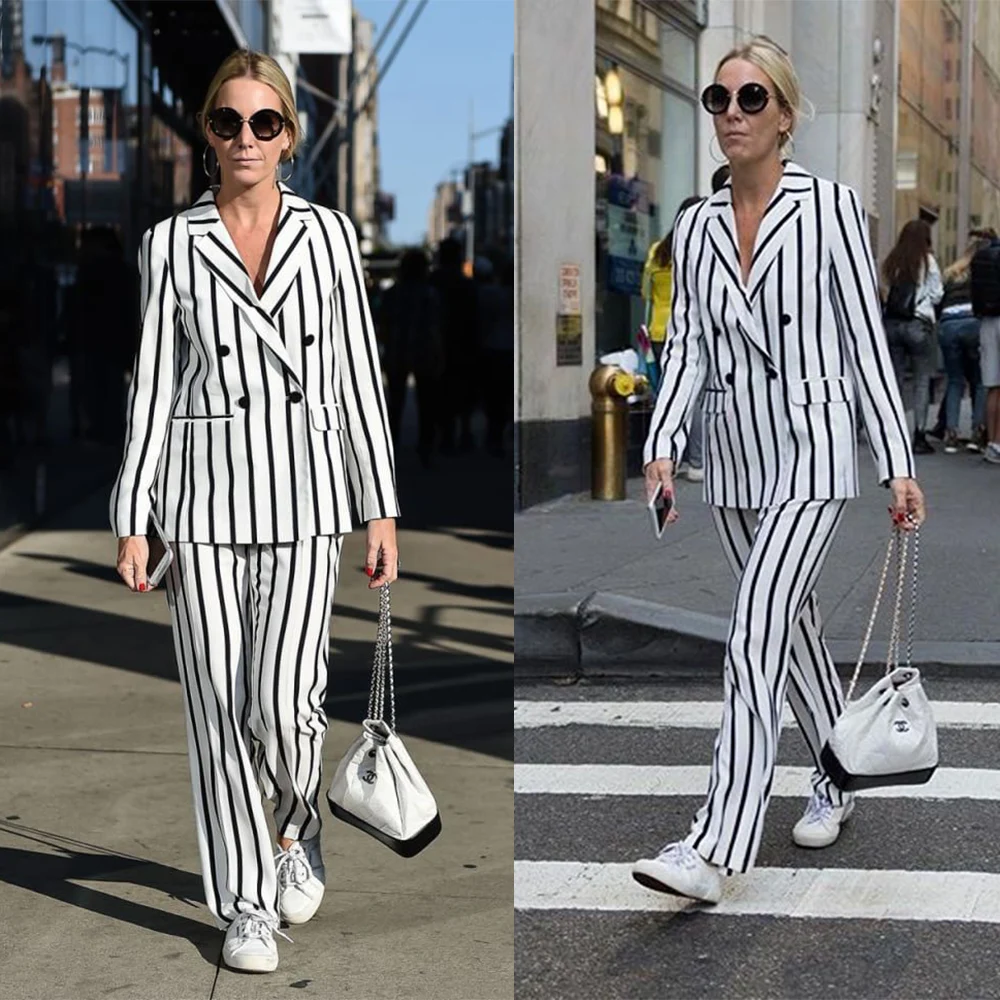 White Stripe Mother of the Bride Dresses Notched Lapel Double Breasted Jacket Custom Made Blazer Pants Daily Power Formal