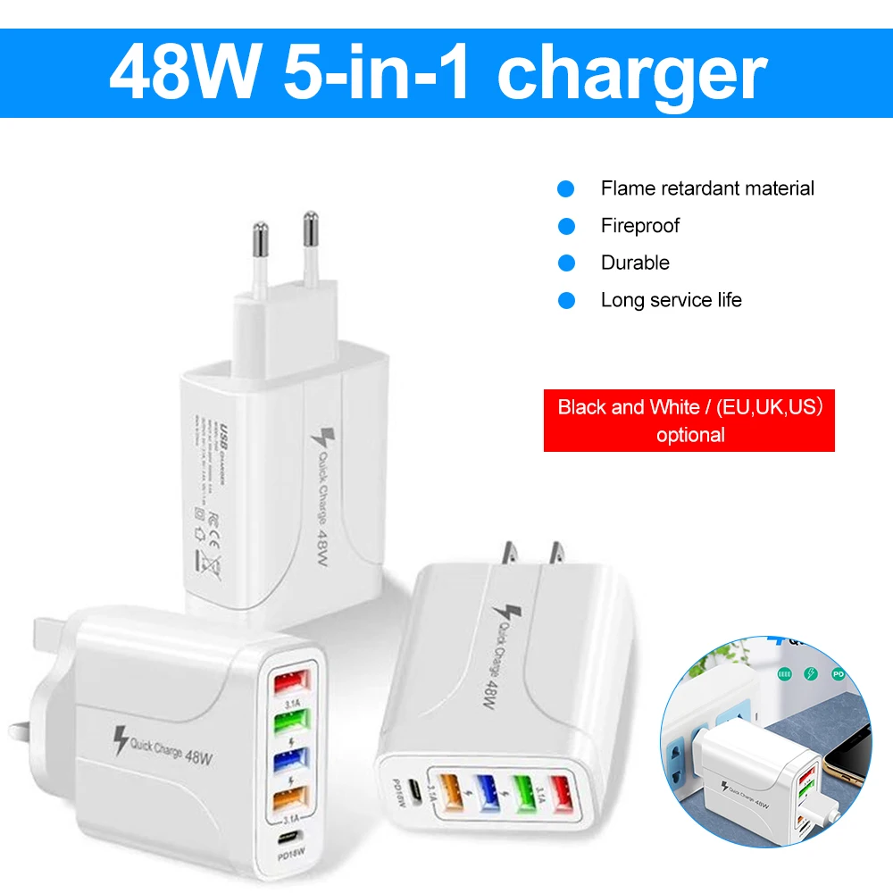 48W USB 5 Ports Charger 5 in 1  Fast EU US Plug Type C Quick Mobile Phone Charger Adapter For iPhone13 12 11 For Xiaomi 12