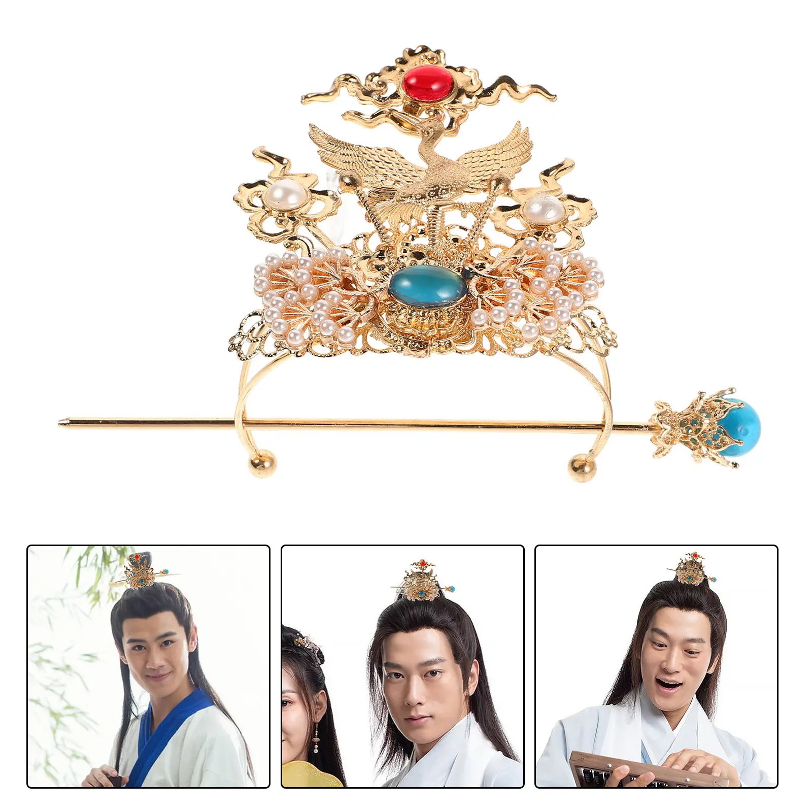 

Hanfu Men's Ancient Hair Crown Gold Crane Gemstone Alloy Traditional Hairpin Headpiece for Cosplay Stage Performance Vintage