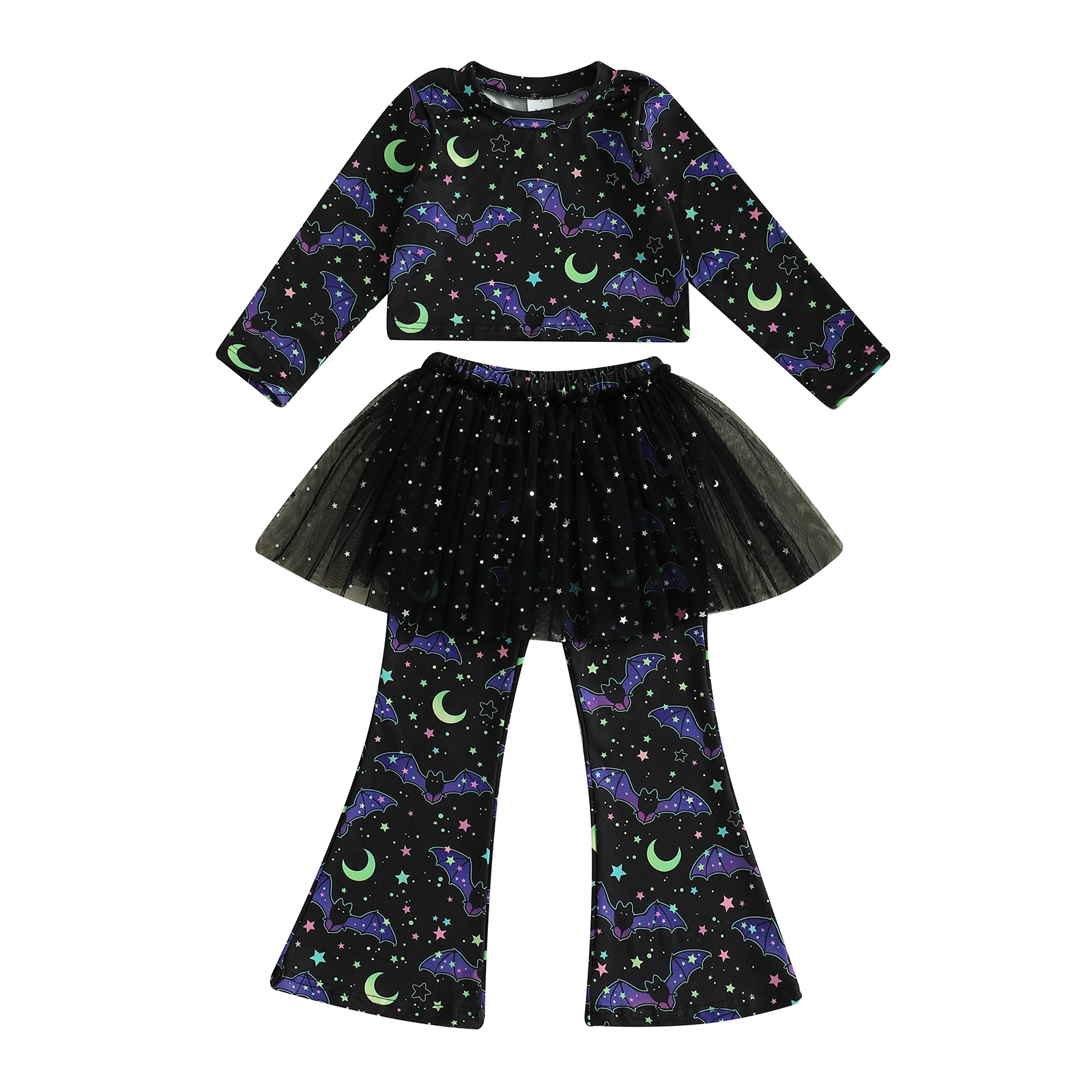 3-10Y Kid Girls Cute Pants Sets Stars Moon Bat Print Long Sleeve T-shirt with Pants Outfits Children Halloween Clothes
