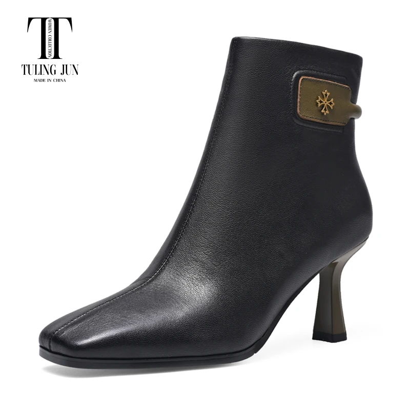 TULING JUN Winter 2023 Concise Famale Square Head Ankle Boots High Thin Heels Mature Solid Color Shoes For Womens Elegant T-A241