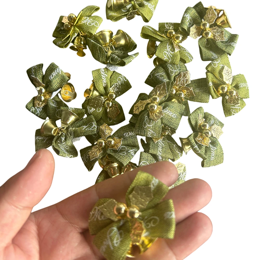 12-Pack Green and Gold Ribbon Bow Bell Decoration Accessories, Christmas Hanging Decoration Accessories, with Embedded Metal Bells, Make a Crisp Sound When Shaken, Suitable for DIY Enthusiasts, Christmas Holiday Decorations