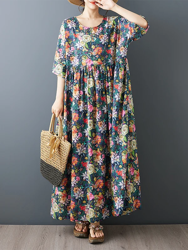 

Casual n Print round Ne ort Sve Loose A-Line Dr Summer Vaion Floral Skirt Cotton Lightweight Midi Dr