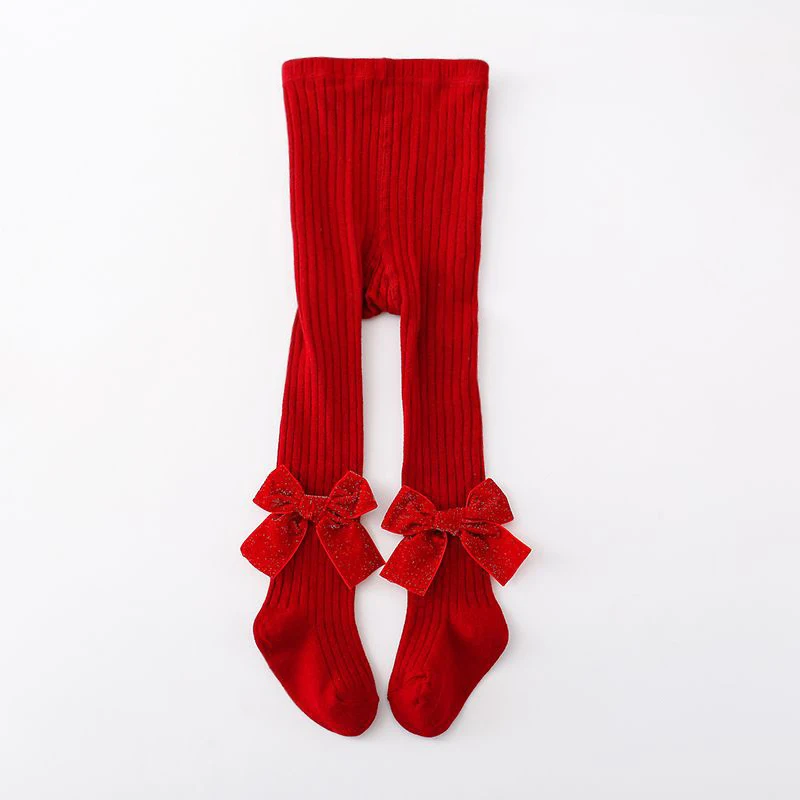 Girls Autumn Christmas Red Knitted Leggings for Children Christmas Red Elastic Band With Bow Decoration Tight Pants  Pantyhose