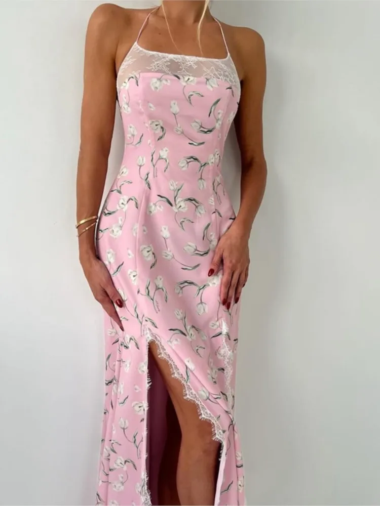 Sommer Blumendruck Maxikleid Outfits Sexy Rückenfrei Fee Sonne Spaghettiträger Kleid Urlaub Beachwear Vestido Coquette