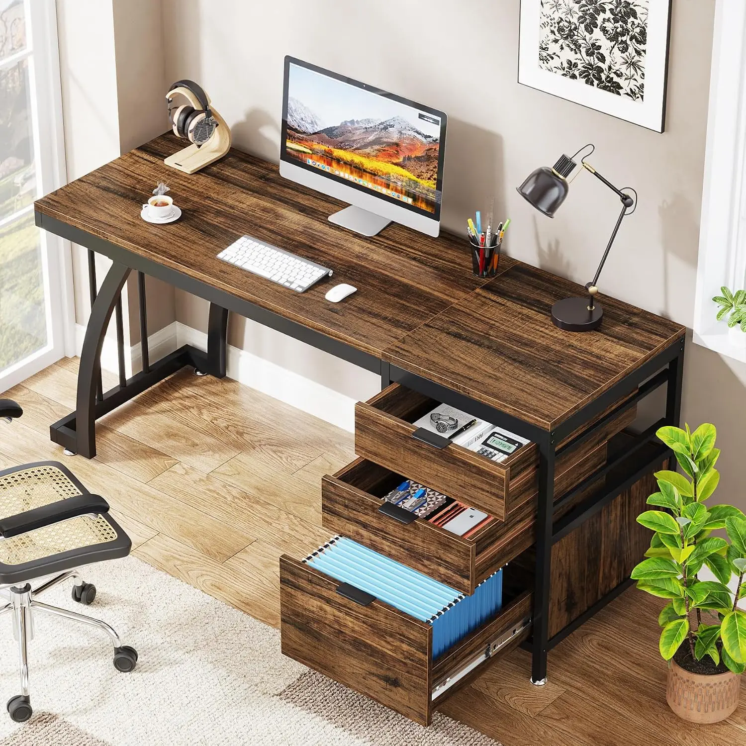 59 Inch Computer Desk With 3 Drawers & File Storage, Industrial Study Writing Workstation Large Desktop Metal Frame, Customized