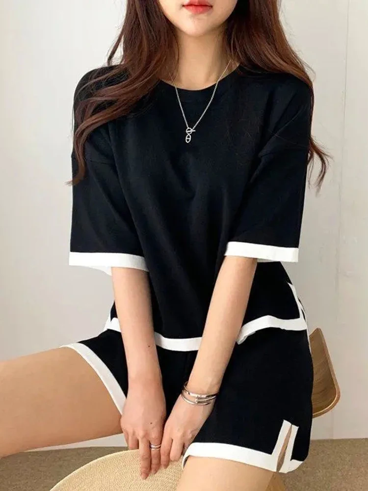 Korean Summer O-neck Short Sleeve+slit Shorts Hit Color Knitting Two Piece Set Women Fashion Thin Streetwear Clothes For Women