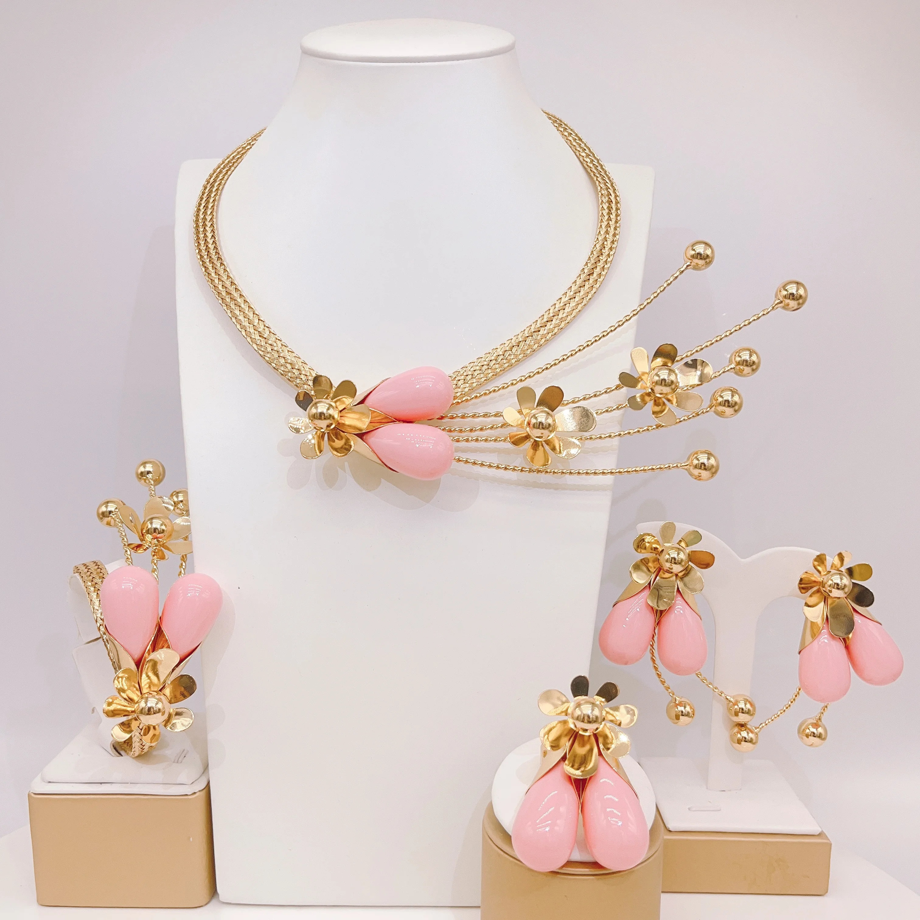 trendy wholesale flower Jewelry With pink beads Collar charm Brazalete Aretes Anillo 4PC Set Free Shipping for navidad Christmas