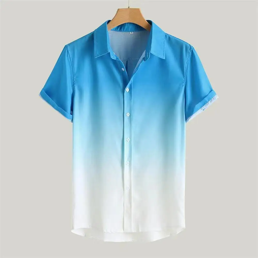 European and American minimalist multiple gradient colors men's loose and casual Hawaiian beach short sleeved shirt Tiki