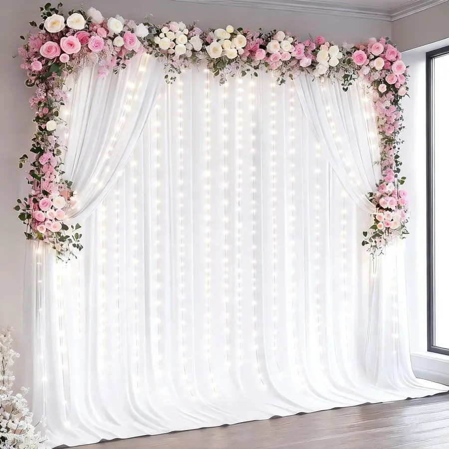 

White Backdrop Curtains with Lights for Parties,Wrinkle Free Wedding Photo Backdrop Curtains for Baby Shower Birthday Ceremony R
