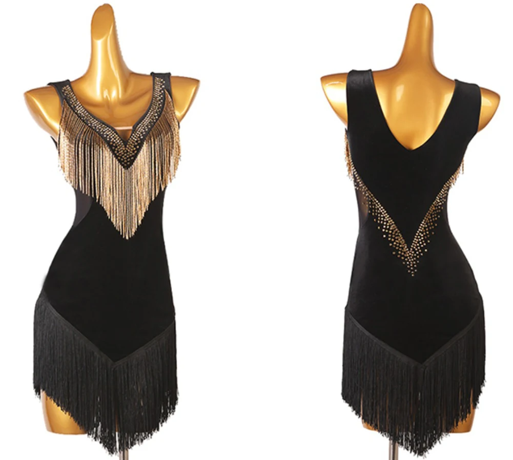 New Dancing Competition Clothes Tassel Latin Dancer Women's 2025 Tassel Slim-fit Red Girl Dress V-Neck Black High-end Bead Tube