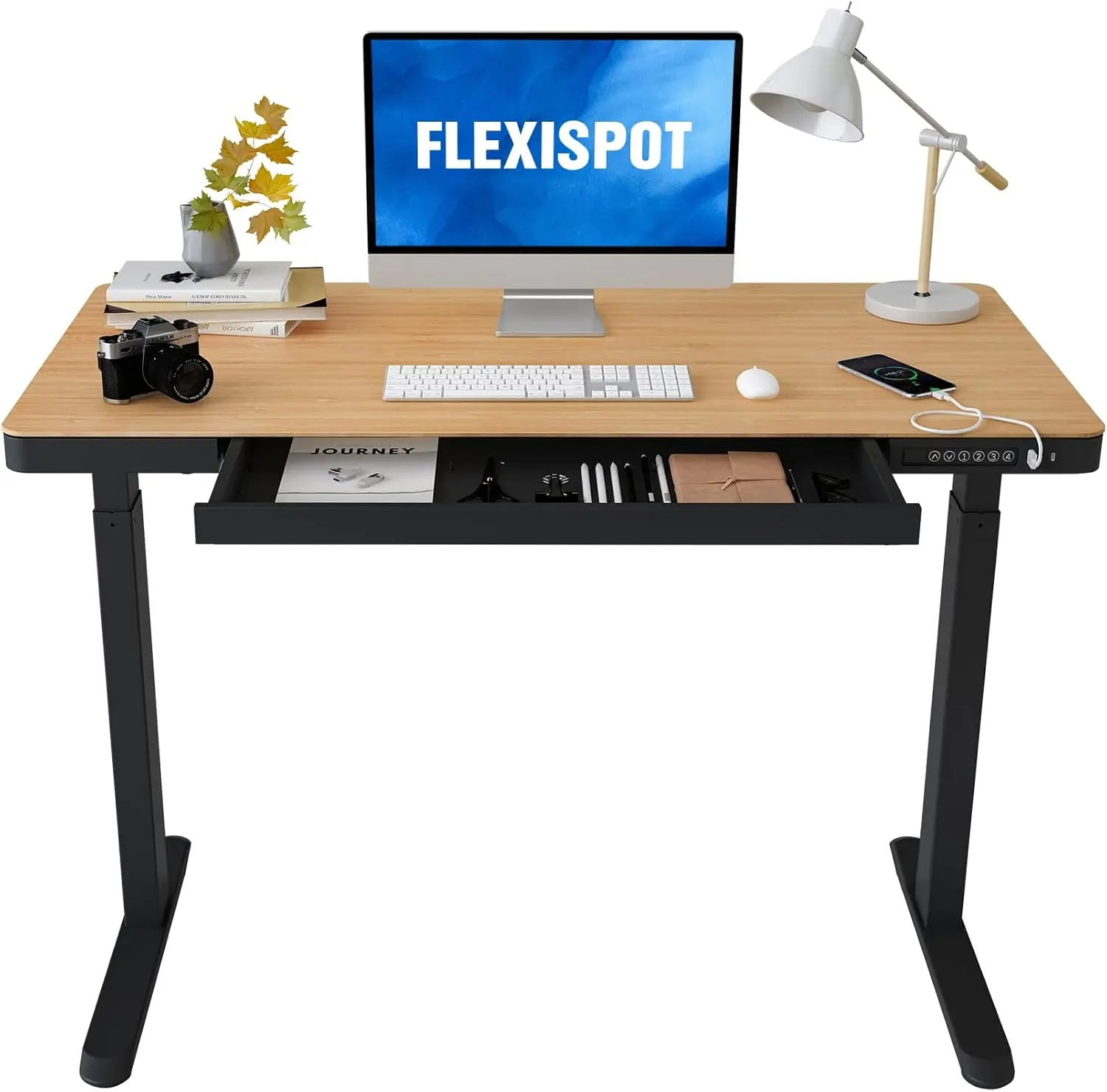 Electric standing desk with adjustable drawer storage height, quick assembly desk with USB charging port