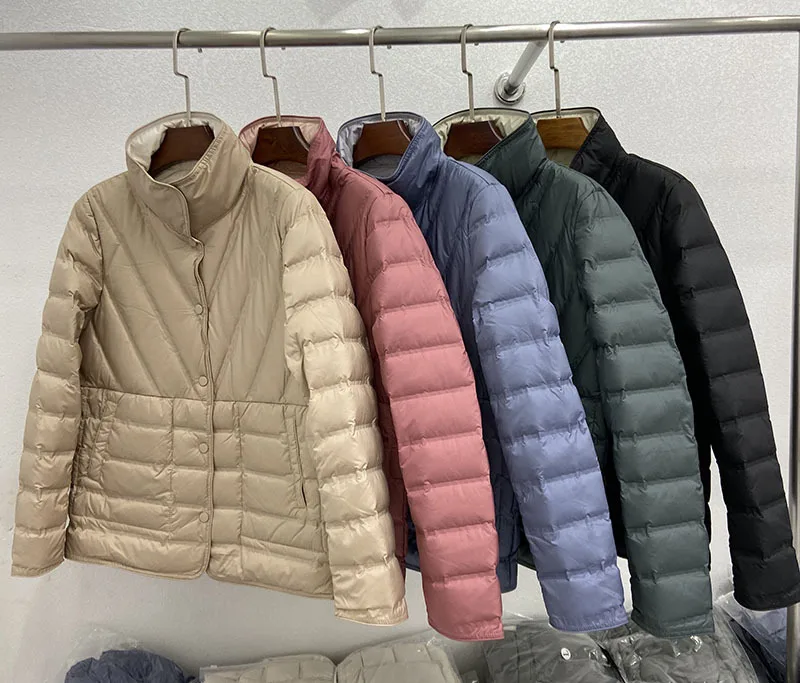 Chaqueta de plumón de pato para mujer, ultraligera parka Reversible, abrigo corto informal, de lujo, de alta calidad, color blanco, 90%