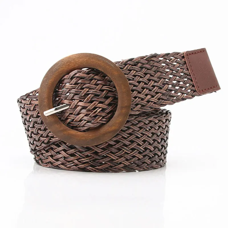 Vintage Braided Waist Belt Summer Solid Female Belt Round Wooden Buckle Fake Straw Wide Elasticity Belts For Women