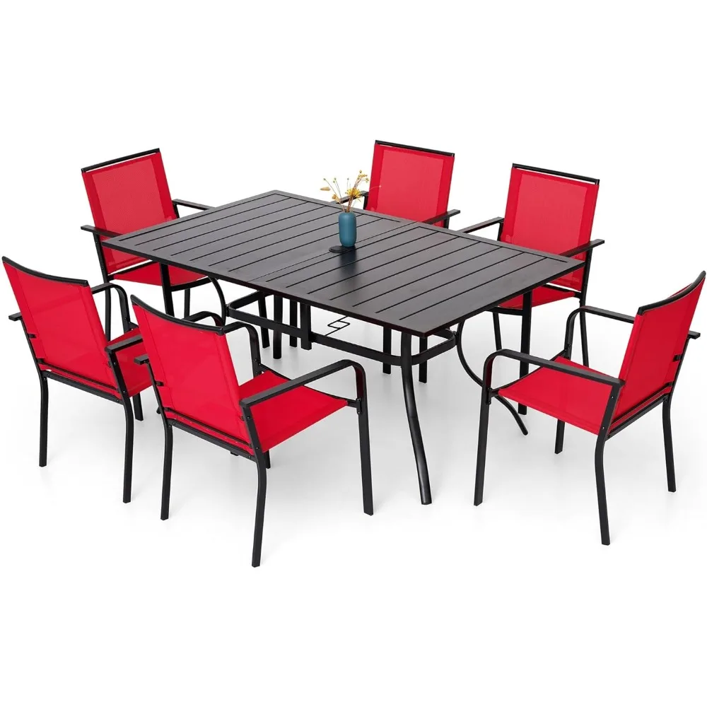 

7-Piece Outdoor Dining Set, Powder Coated Steel Table with 6 Stackable Chairs, Red Textilene, 63 x 38 Inch Table