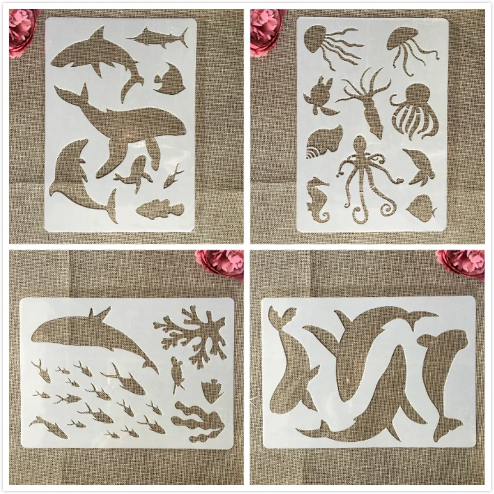 Plantillas de capas para manualidades, 4 piezas, A4, 29cm, ballena, tiburón, Delfín, medusas, pintura, álbum de recortes, para colorear, álbum de