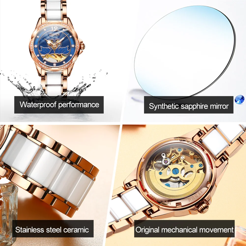 JSDUN Women Luxury Automatic Mechanical Watch Skeleton Design Diamond Wristwtach Sapphire Mirror Ceramics with Stainless Steel