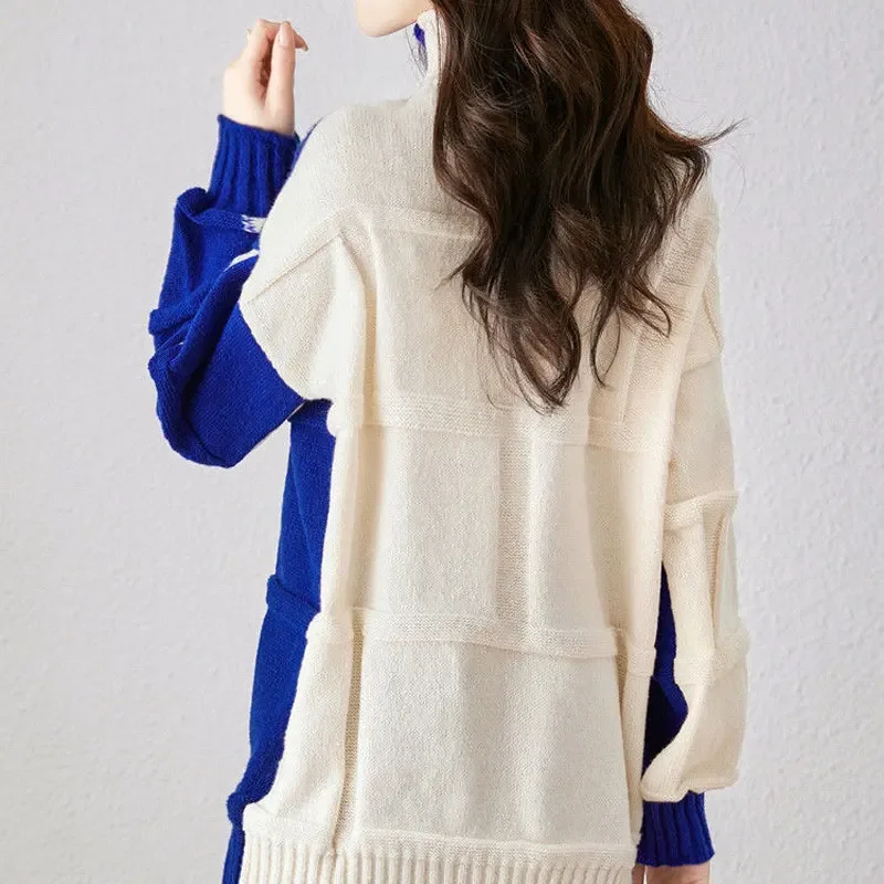 Korean Contrasting Colors Sweaters Autumn Winter Turtleneck Casual Loose Female Clothing Stylish Asymmetrical Knitted Jumpers