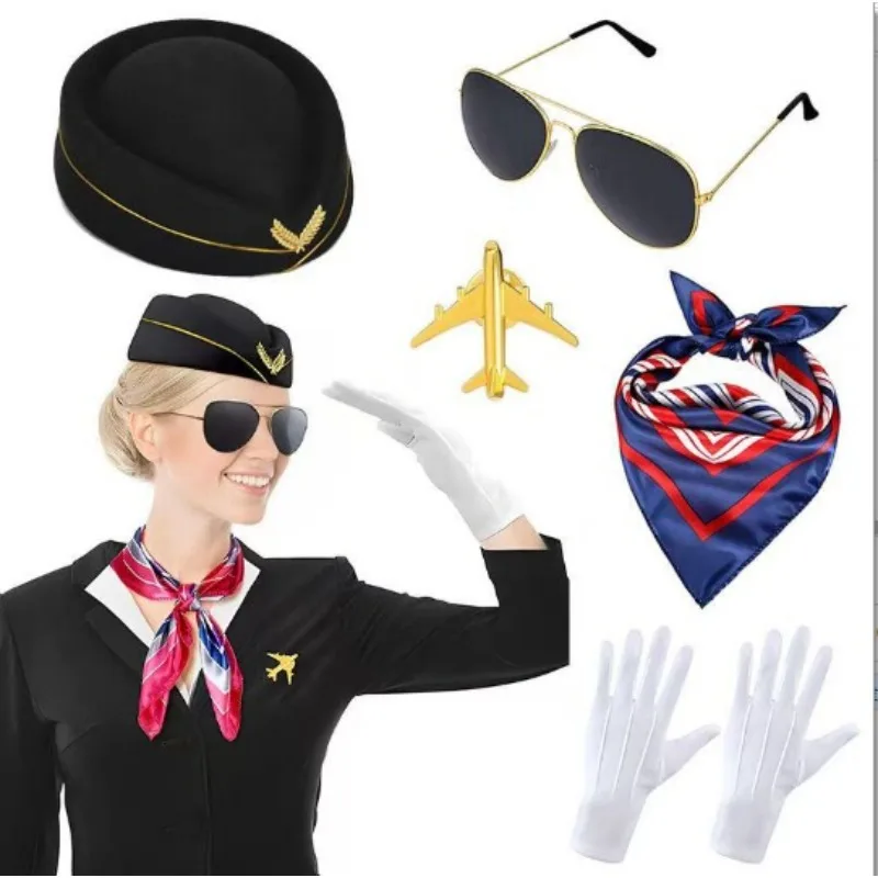 

Stewardess Hat Gloves Scarf Sunglasses Accessories Set Makeup Ball Party Dress Up