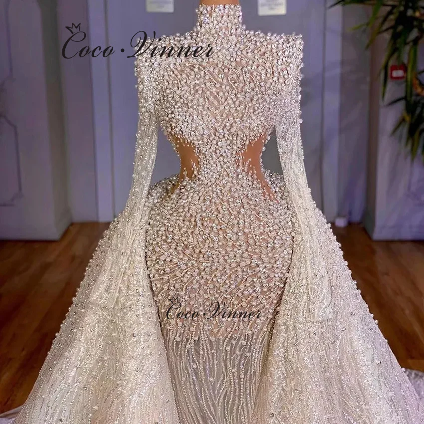 

Свадебное платье 2 в 1, расшитое жемчугом и бисером, 2025, сексуальное роскошное свадебное платье русалки с высоким воротом и съемным хвостом W1451