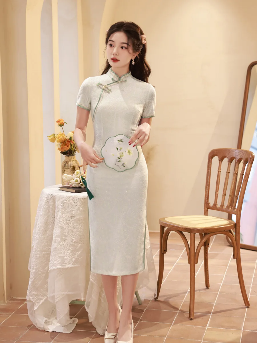 Handmade Button Sexy Women Chiffon Qipao Vintage Mandarin Collar Evening Party Dress Short Chiffon Cheongsam