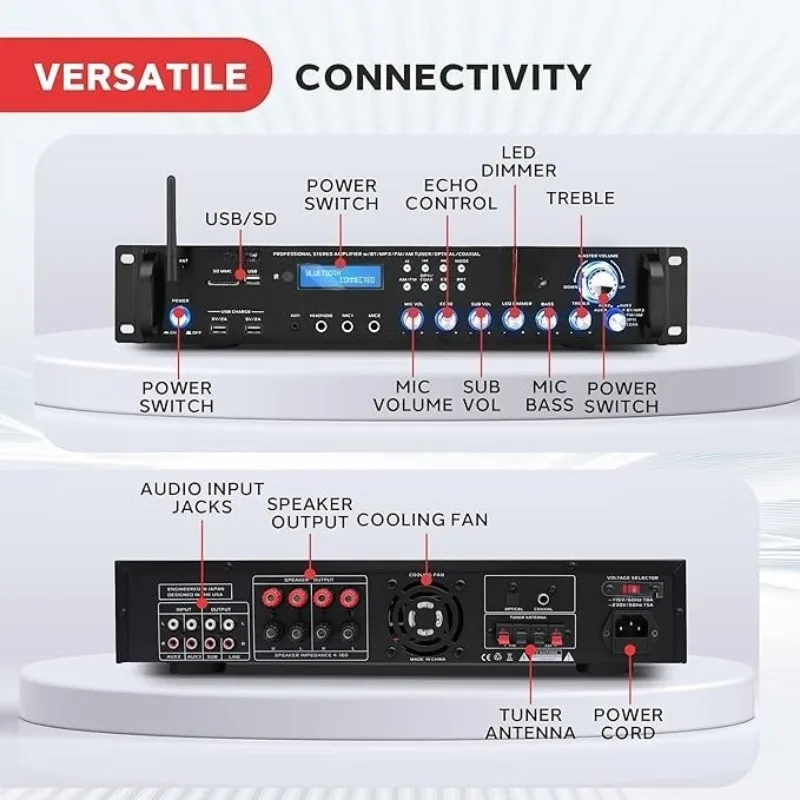 Многоканальный беспроводной потоковый усилитель мощности Bluetooth 5,0, 3000 Вт, стереоприемник для монтажа в стойку с FM-радио — USB/SD