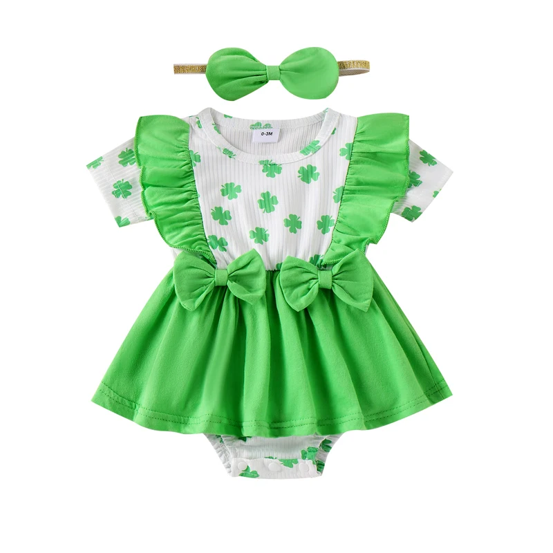 Baby Girl St Patrick Easter Outfits Short Sleeve Crewneck Clover Bunny Romper Dress Infant Summer Clothes