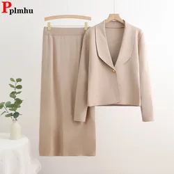 Elegant Knitted 2 Piece Sets Women Lapel Neck Long Sleeve Knitwears Suit Tops Conjuntos Casual Slim Knit Solid Skirts Outfit New