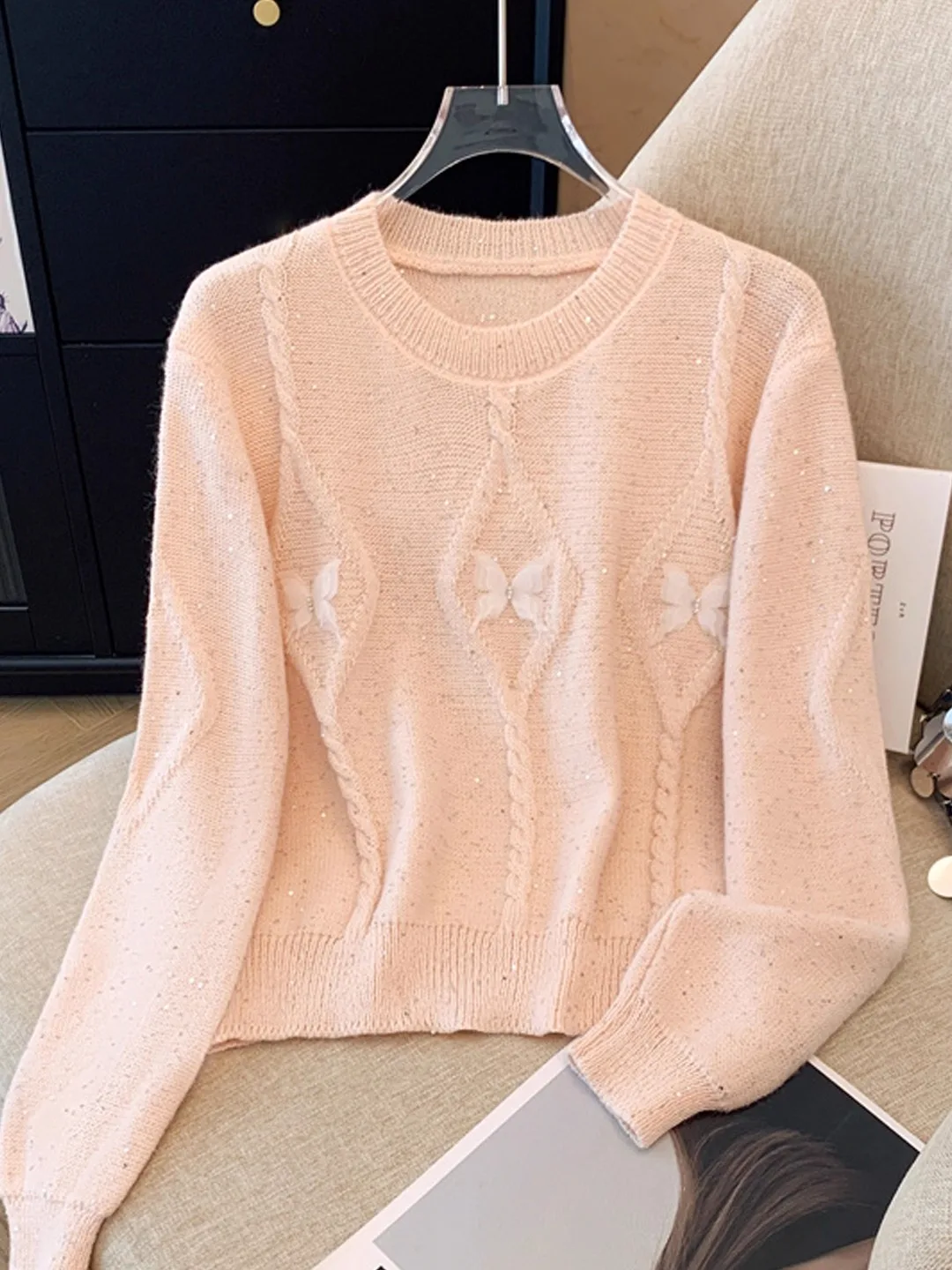 

Вязаный свитер с пайетками и узором «Sweet Knot» для женщин, осенне-зимний, приталенный, с круглым вырезом, длинными рукавами, из витого трикотажа