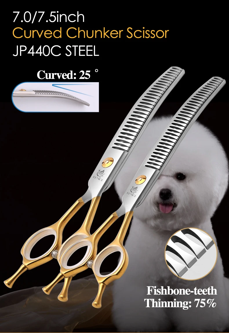 Fenice JP440C High Quality 7.0/7.5 inch Professional Dog Grooming Scissors Curved Chunker Scissors Grooming for Dogs Face Body