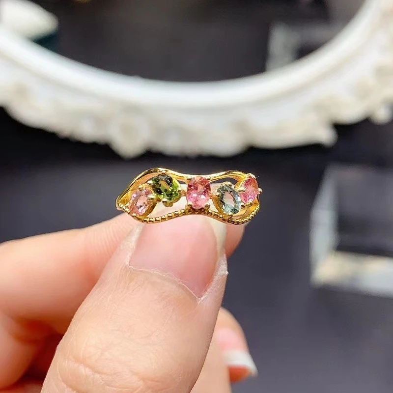 

Design Style Natural Tourmaline Ring for Party 3mm*4mm Total 1ct Multi-color Tourmaline 925 Silve Ring with Gold Plated