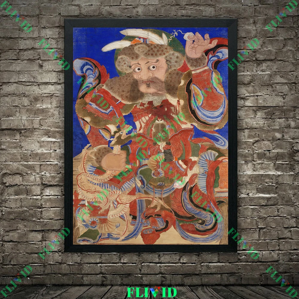 Buddhist Art Chinese Tangka Sacred Warrior Guardian Vintage Wall Art Canvas Painting,Oriental Floral Art Poster Print Home Decor