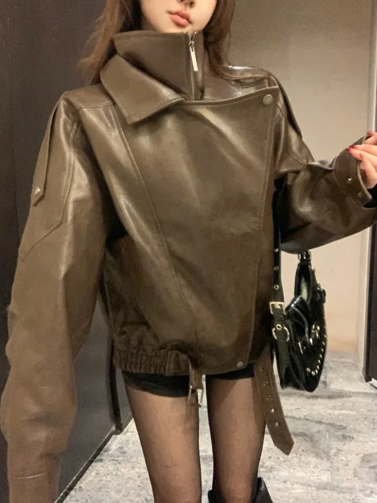 Americano retro slized biker jaet feminino início do outono novo casaco de couro bla high-end versátil zíper sve casaco longo