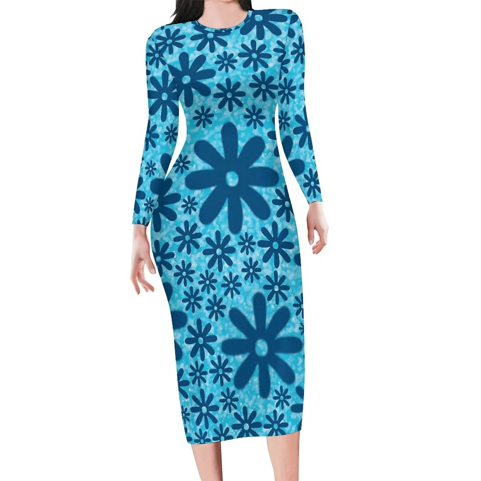 Azul margarida impressão vestido de manga longa retro flores rua moda vestidos férias elegante bodycon vestido das mulheres vestidos de grandes dimensões