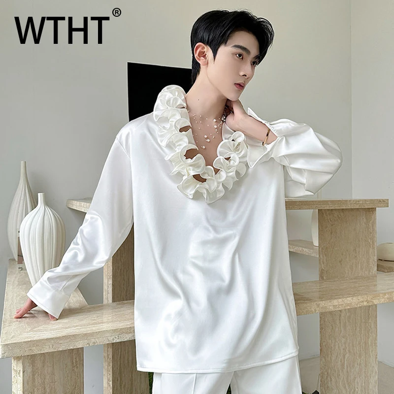 

Модная мужская рубашка WTHT 2026: летняя, однотонная, свободного кроя, с оборками по краю, трендовая, с длинными рукавами, повседневный пуловер, модель 2A2864