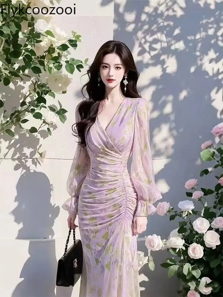 

Flykcoozooi Purple Chiffon Floral Dress for Women Spring/Summer Vacation Style French Elegant V-neck Waist Slimming Long Dress