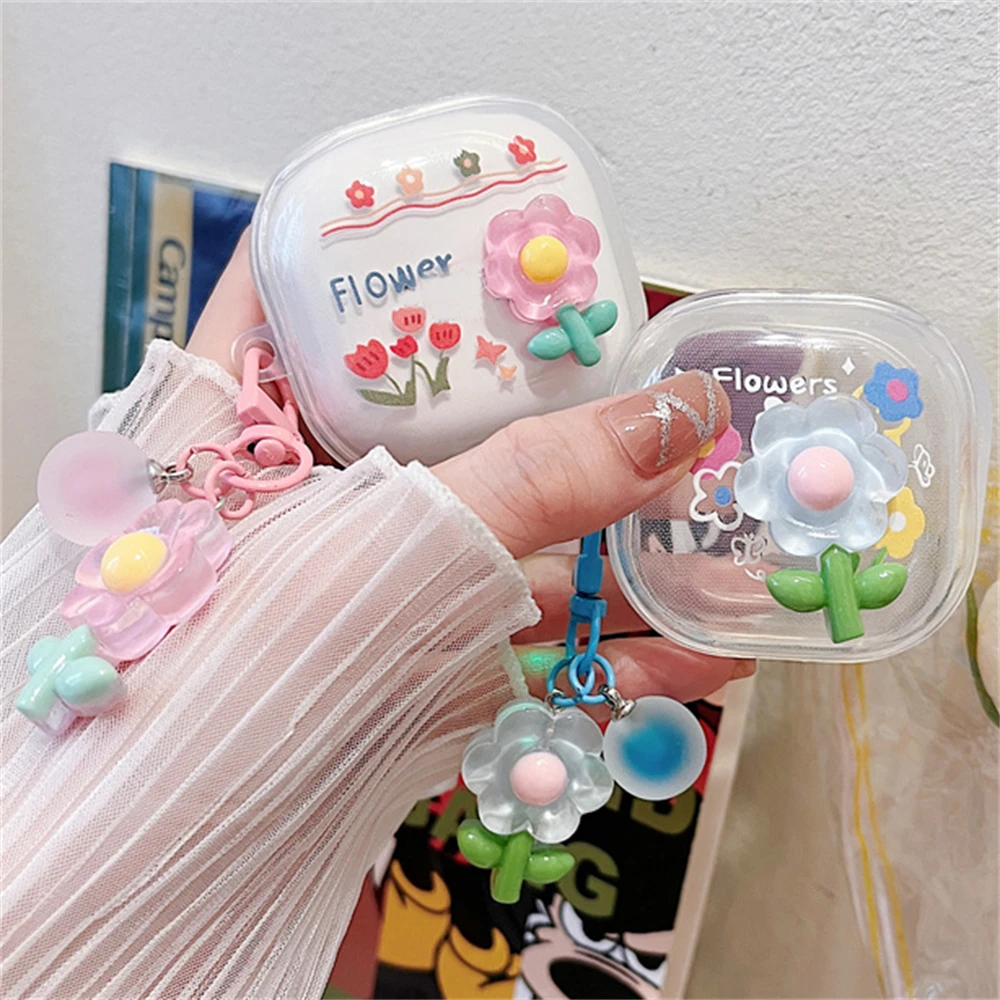 Cute 3D Flower Cheese Clear Headphones Soft Case For Samsung Galaxy Buds Live With Beads Pendant Cover For Samsung Buds 2 Pro