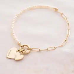 Custom Freshwater Pearl Bracelet Chain Carving Double Heart Personalised Name Bracelet Gift For Her Birthday Gift Luxury Jewelry