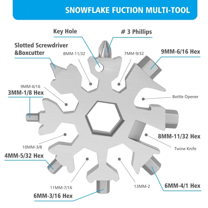 18-in-1 Snowflake Multi Tool Function Stainless Steel Bottle Opener/Wrench,Flat Cross Screwdriver,Outdoor Portable Gift For Men