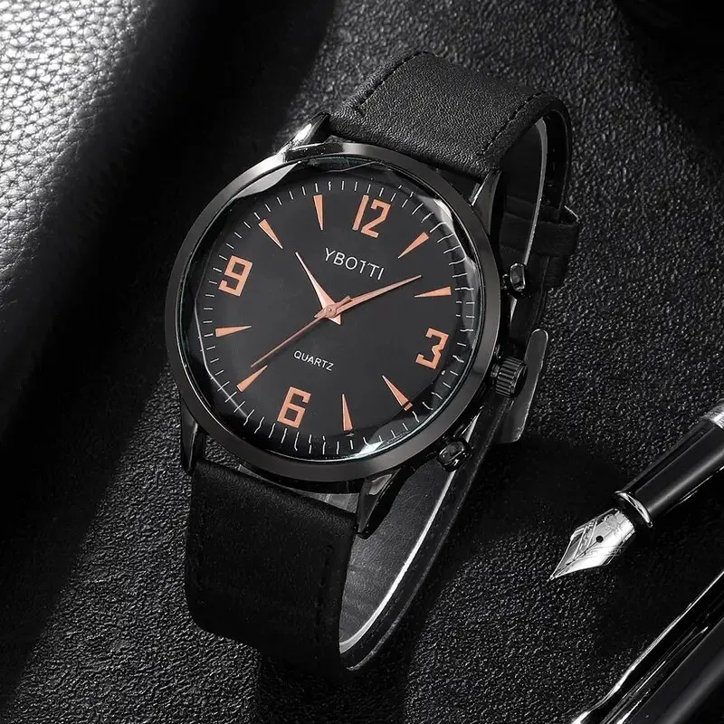 4pcs Set Fashion Mens Sports Watches Man Business Quartz Wristwatch Luxury Black Leather Bracelet Men Casual Clock Watch