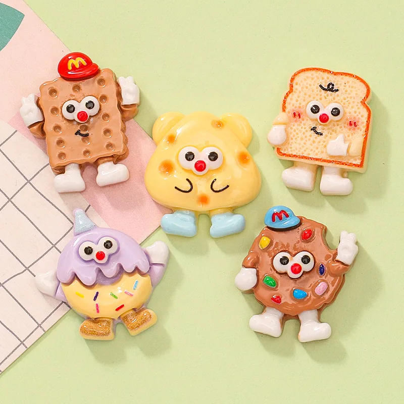 5pcs miniso cute bread biscuits cartoon resin flatback cabochons for diy jewelry making handmade crafts materials