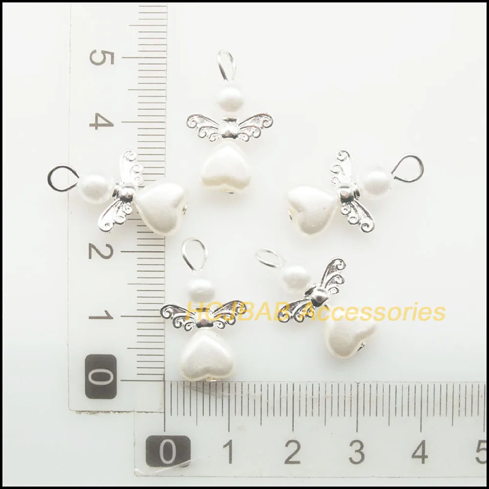 20 New White Acrylic Angel Charms Silver Plated Tiny Heart Pendants 14x22mm