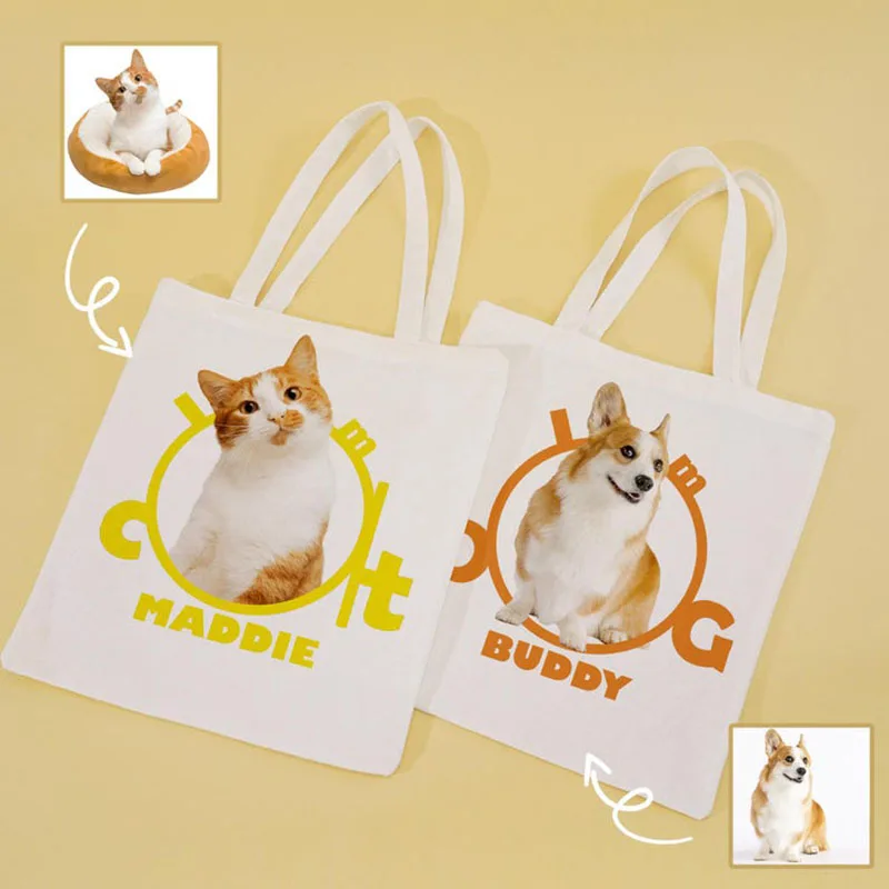 Custom Pet Portrait Canvas Tote Bag with Photo Personalized Cute Tote Bag Dog Mom Cat Lover Bag Pet Handbag Shopping Bag