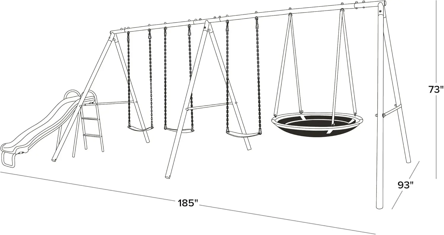 Conjunto de balanço triplo de metal para balanço e pires: 3 balanços, 1 balanço de disco voador, 1 corrediça ondulada - supera os padrões de segurança ASTM