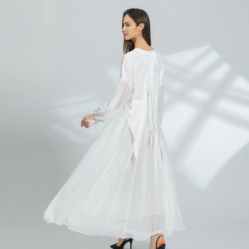 Love Elegant Ruffles Lantern Long Sleeves White High Waist Silk Woman Dress Sweet O-Neck Stylish Long Pleated Dresses AY101